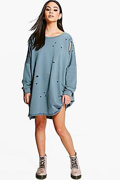 Boohoo Vicky Distressed Long Sleeve Sweat Dress