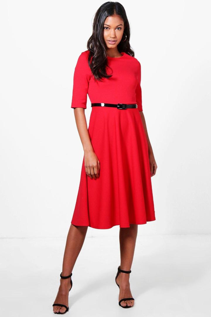 Boohoo Ava Belted Midi Skater Dress Red