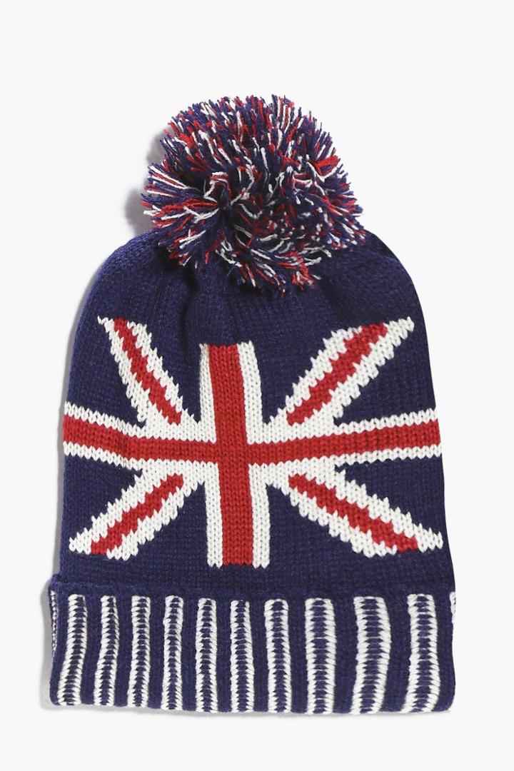 Boohoo Union Jack Knitted Pom Pom Beanie Navy