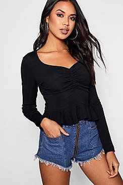 Boohoo Audrey Rib Sweetheart Neck Ruffle Crop