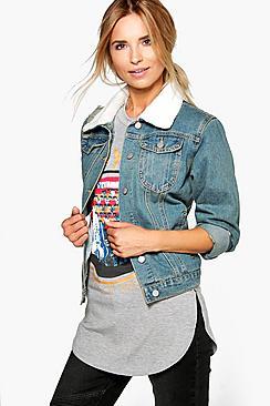 Boohoo Felicity Distressed Borg Collar Denim Jacket