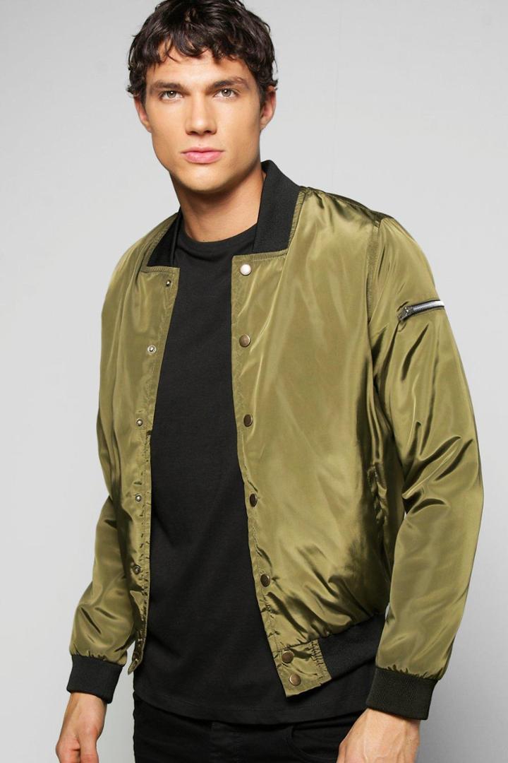 Boohoo Lightweight Ma1 Nylon Jacket With Poppers Khaki
