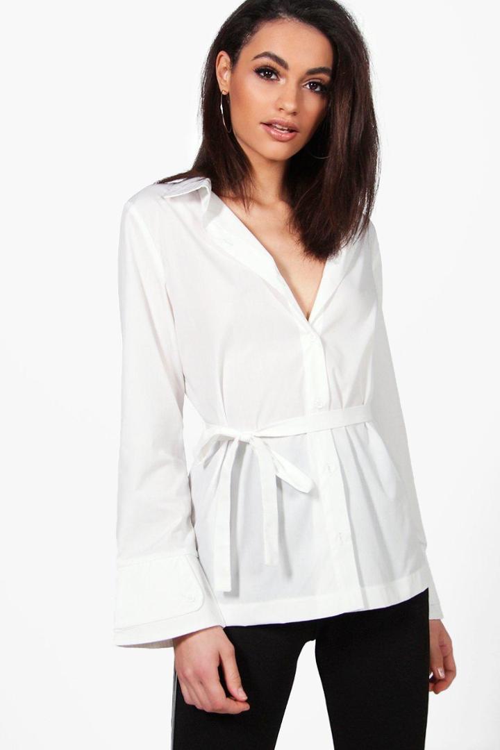 Boohoo Jasmine Flare Detail Belted Shirt White