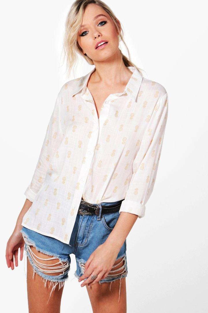 Boohoo Faith Pineapple Print Woven Shirt Ivory