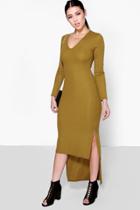 Boohoo Ella V Neck Rib Dipped Hem Midi Dress Olive