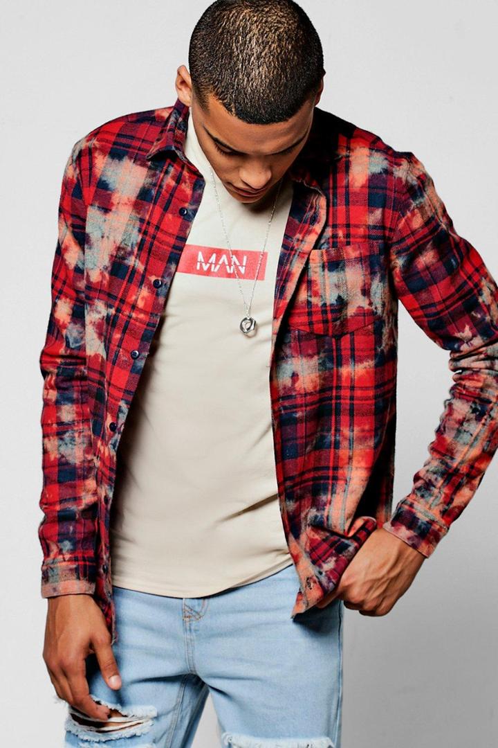 Boohoo Bleach Splatter Long Sleeve Flannel Shirt Red
