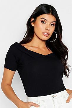 Boohoo Short Sleeve Rib Bardot Top