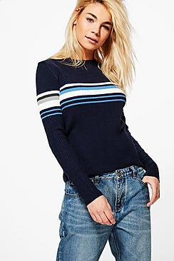 Boohoo Darcey Ribbed Crew Neck Sports Stripe Jumper