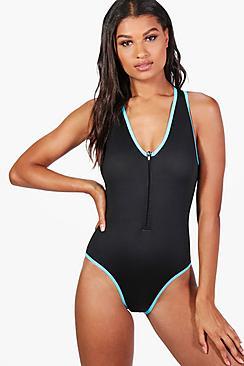 Boohoo Bali Neoprene Contrast Racer Back Sports Swimsuit