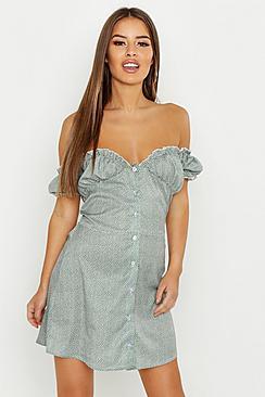 Boohoo Petite Bardot Button Through Spot Skater Dress
