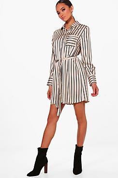 Boohoo Sophie Striped Belted Shirt Dress
