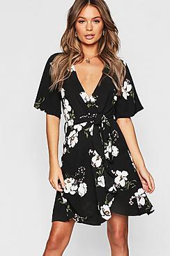 Boohoo Floral Ruffle Tie Midi Dress