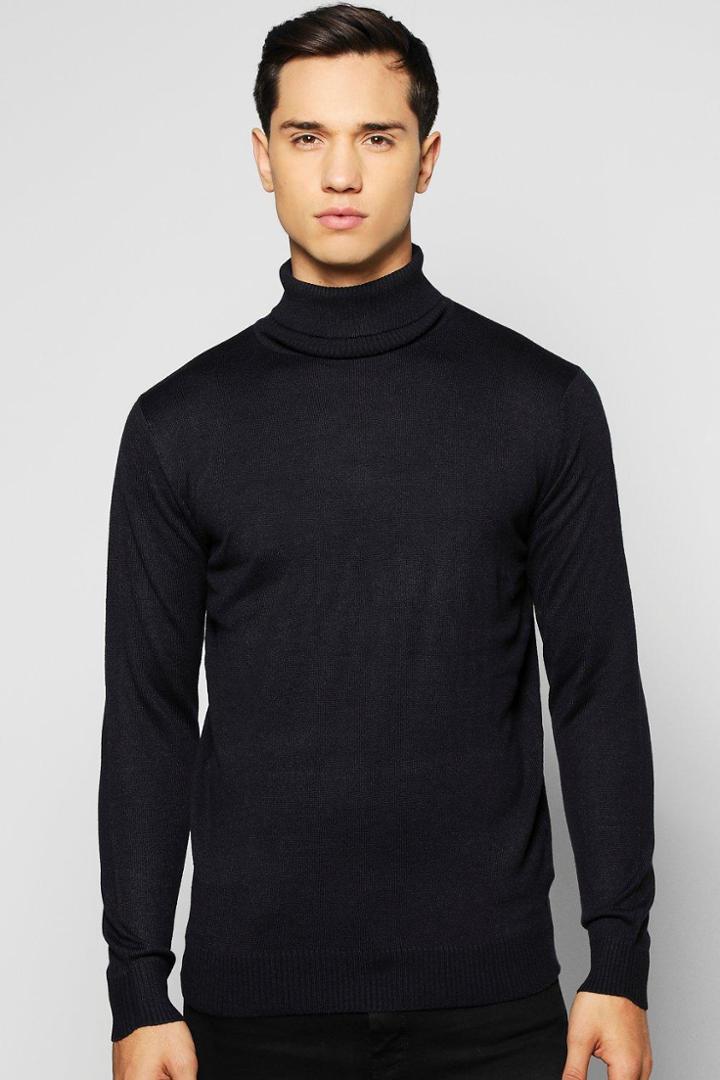 Boohoo Fine Gauge Knitted Roll Neck Jumper Navy