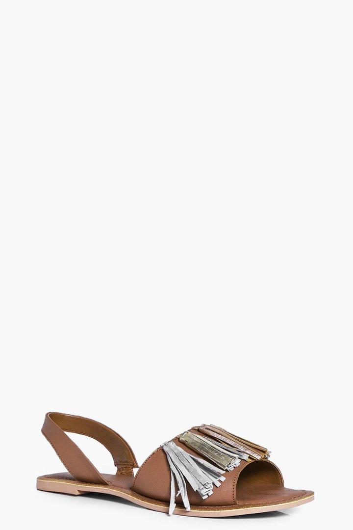 Boohoo Tia Two Part Leather Peeptoe Tassel Trim Sandal Tan
