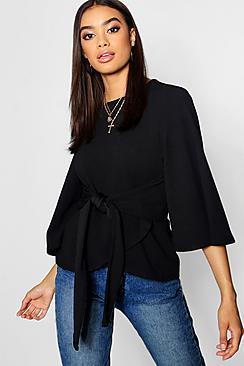 Boohoo Kimono Sleeve Tie Waist Top