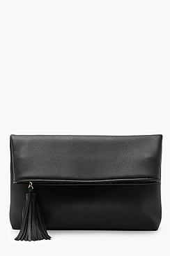 Boohoo Foldover Tassel Clutch With Chain