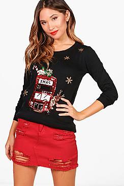 Boohoo Melissa London Bus Sequin Christmas Jumper