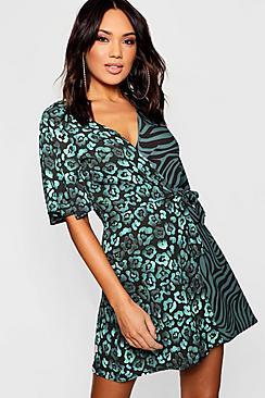 Boohoo Animal Mix Wrap Front Dress