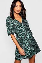 Boohoo Animal Mix Wrap Front Dress