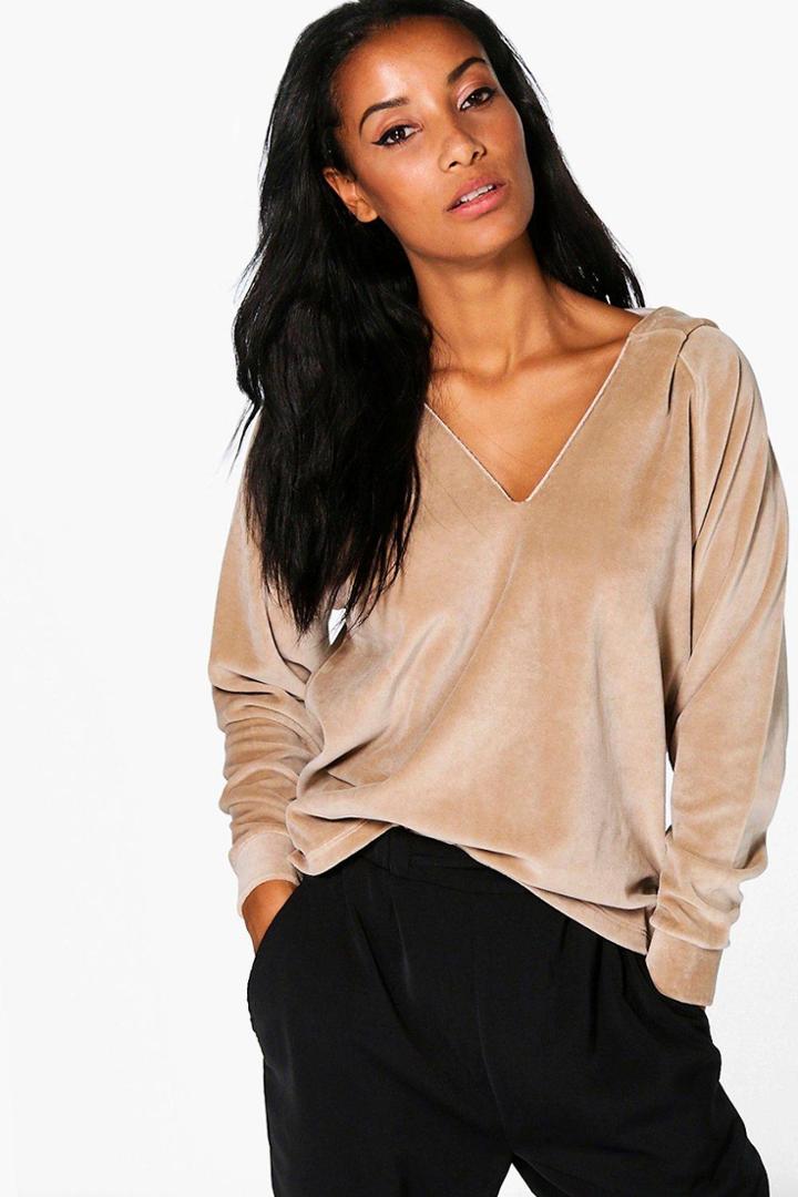 Boohoo Bella Velour V Neck Hoody Mink