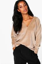 Boohoo Bella Velour V Neck Hoody Mink
