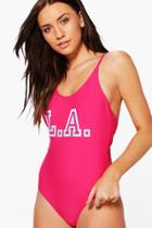 Boohoo Mauritius L.a Slogan Scoop Bathing Suit Pink