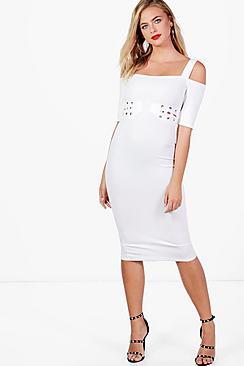 Boohoo Molly Cold Shoulder Eyelet Detail Midi Dress