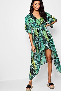 Boohoo Nat Hanky Hem Palm Print Maxi Dress