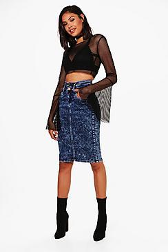 Boohoo Meghan 3 Button Washed Denim Pencil Skirt