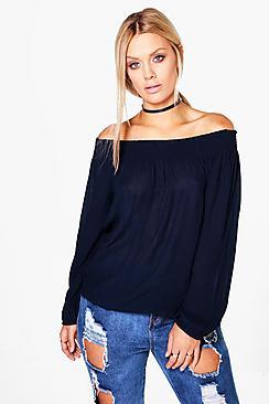 Boohoo Plus Esme Woven Crinkle Off The Shoulder Top