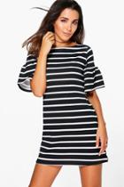 Boohoo Rosie Stripe Ruffle Sleeve Shift Dress Black