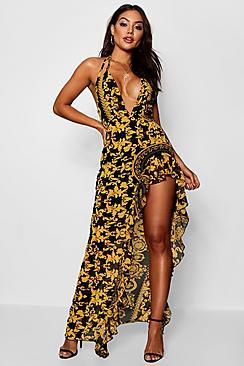 Boohoo Sophia Baroque Print Ruffle Maxi Dress