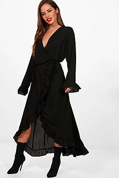 Boohoo Plus Maya Ruffle Wrap Midi Tea Dress