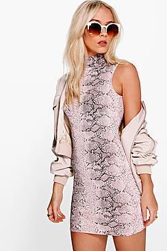 Boohoo Petite Tasha High Neck Snake Bodycon Dress