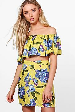 Boohoo Belle Floral Off Shoulder Crop&skirt Co-ord