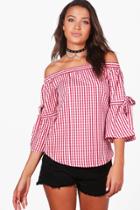 Boohoo Tall Solana Gingham Off The Shoulder Woven Top Red