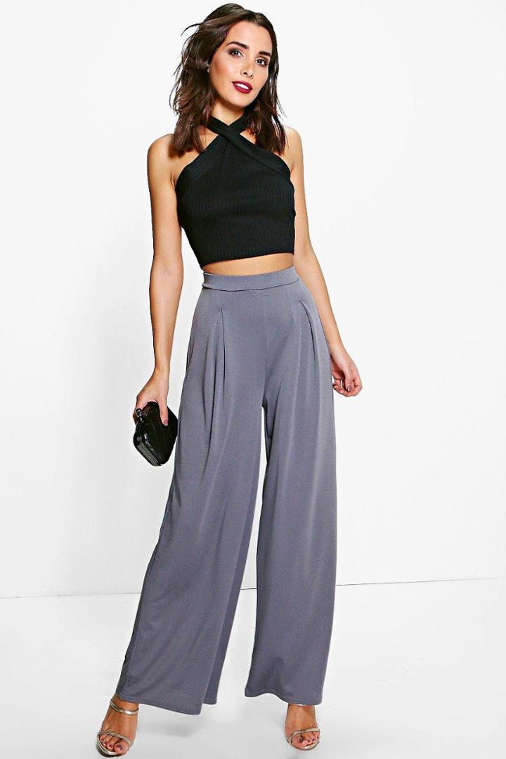 Boohoo Royah Pleat Front Crepe Wide Leg Trousers Smoke