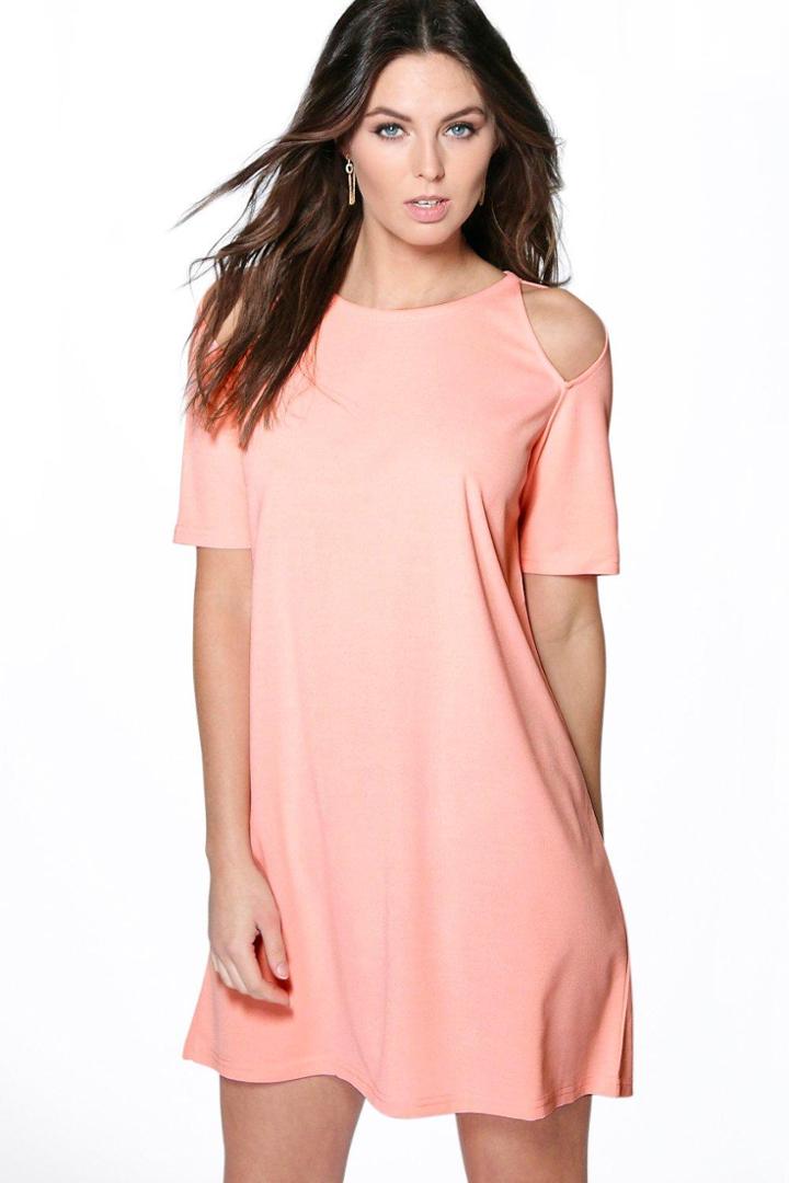 Boohoo Delia Cut Out Shoulder Shift Dress Nude
