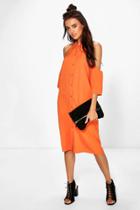 Boohoo Ushi Cold Shoulder Button Through Shirt Dress Orange