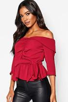 Boohoo Ruched Off The Shoulder Tie Detail Blouse