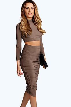 Boohoo Mariah Slinky Ruched Midi Skirt