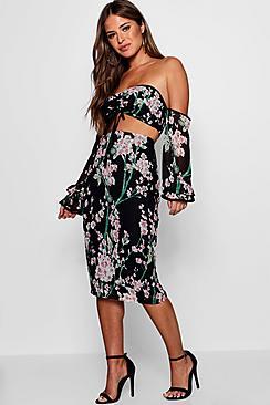 Boohoo Petite Hariet Floral Print Bardot Crop & Skirt Co-ord
