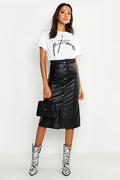 Boohoo Tall Button Front Faux Leather Midi Skirt