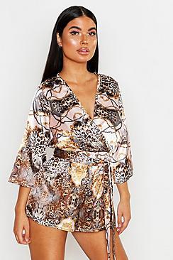 Boohoo Petite Animal Chain Print Satin Playsuit