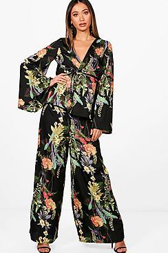 Boohoo Ana Floral Wide Leg Trouser And Kimono Co-ord