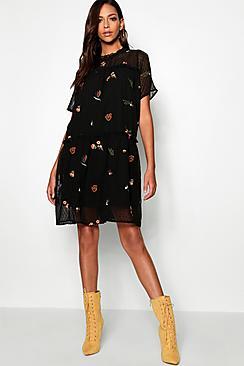 Boohoo Tall Bridie Embroidered Smock Dress