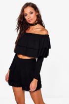Boohoo Isa Double Frill Off The Shoulder Crop Black