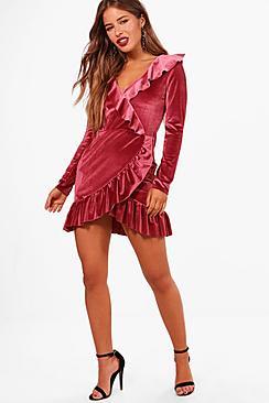 Boohoo Petite Holly Velvet Ruffle Hem Wrap Dress