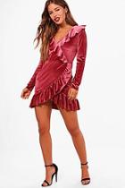 Boohoo Petite Holly Velvet Ruffle Hem Wrap Dress