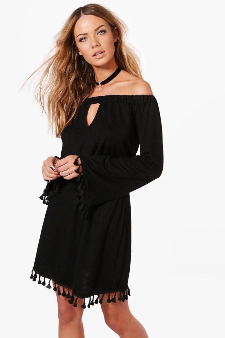 Boohoo Emilie Off The Shoulder Cut Out Tassel Trim Dress Black